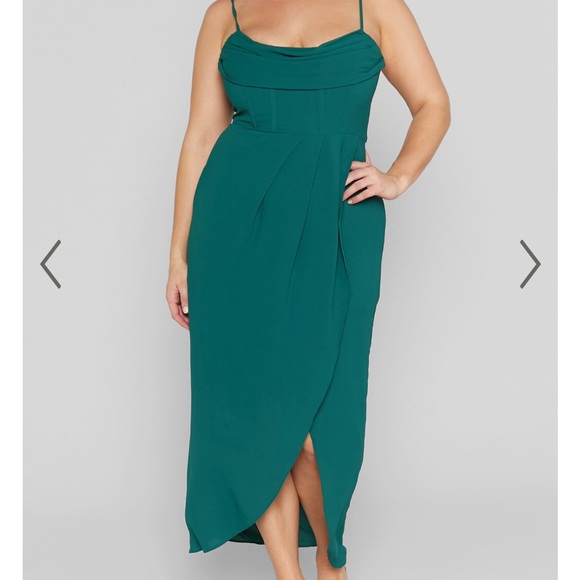SHOWPO ANDRINA MIDI DRESS - HIGH LOW WRAP CORSET DRESS IN FOREST GREEN - Picture 2 of 6